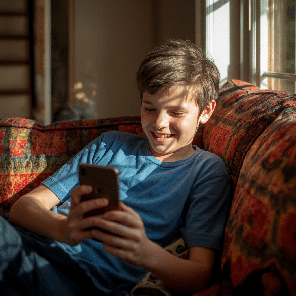 Relieved 12-year-old using smartphone at home after cyberbullying stopped, showing happy and peaceful expression