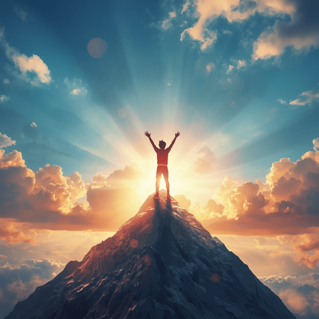 Motivated teenager standing triumphantly with arms raised, symbolizing achievement, success, and positive mindset
