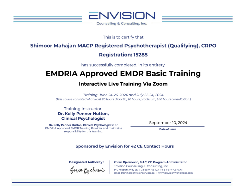 Shimoor Mahajan's EMDR basic training certificate.