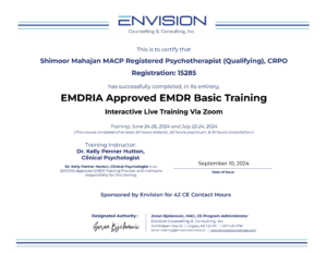 Shimoor Mahajan's EMDR basic training certificate.