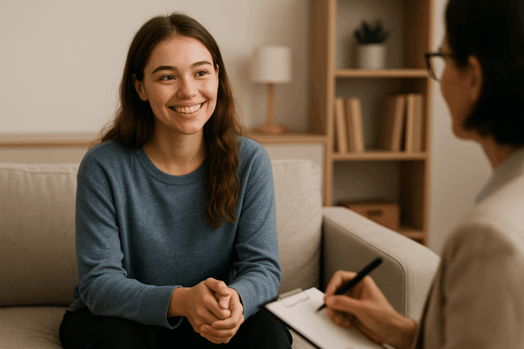 Happy patient in her therapist's office