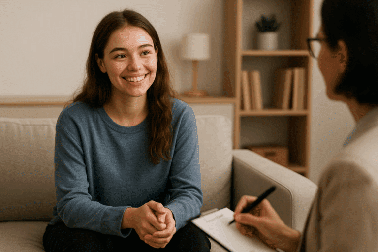 Happy patient in her therapist's office