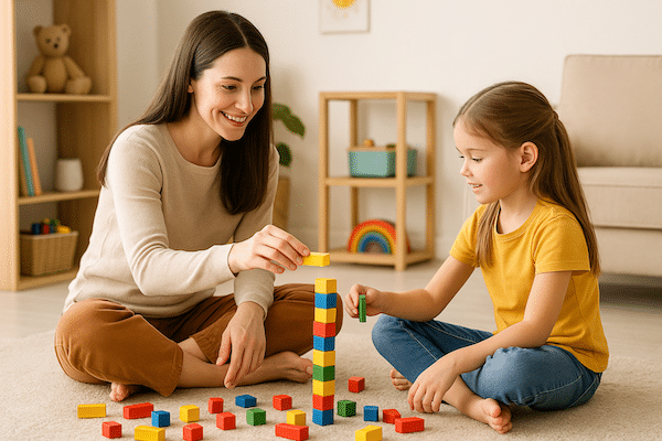 A play therapist sits with her young female patient