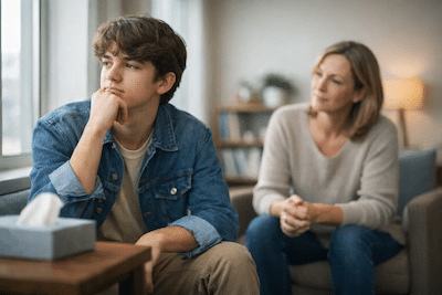 Teen considering counselling in a calm therapy office while a parent sits supportively nearby in Vaughan and the GTA