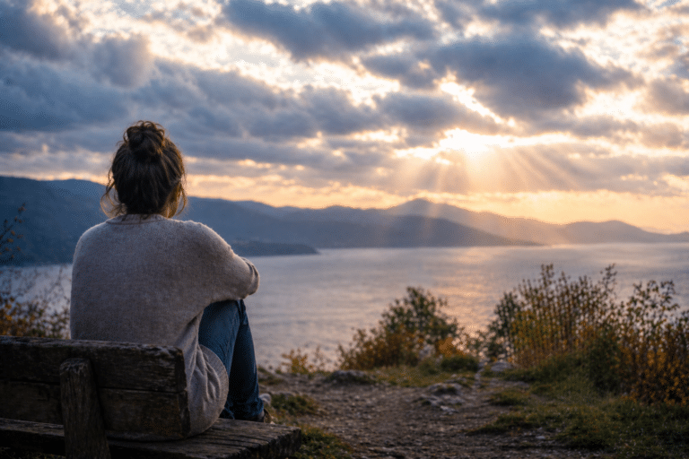Person sitting alone overlooking water reflecting during stressful times and managing emotions