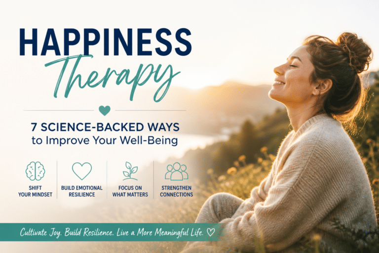 Happiness therapy concept with smiling woman in nature and text highlighting 7 science-backed ways to improve well-being