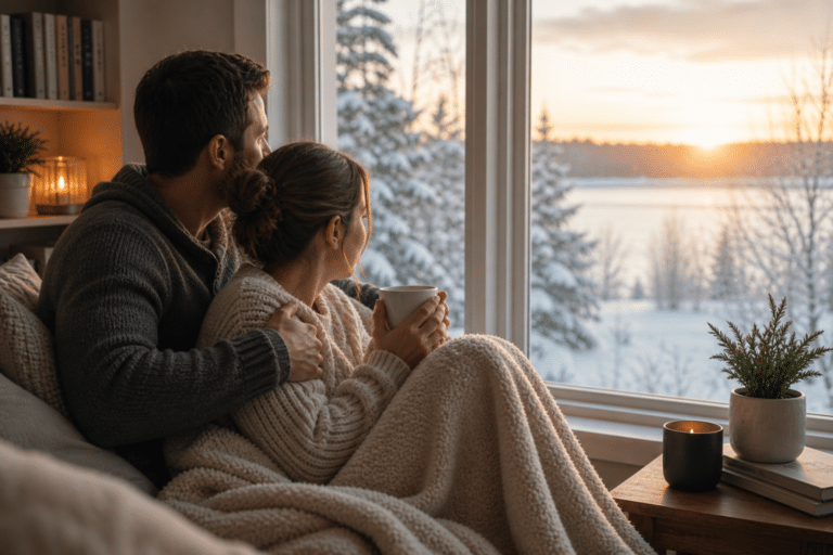 Man and woman sitting by a window in winter light reflecting seasonal affective disorder symptoms