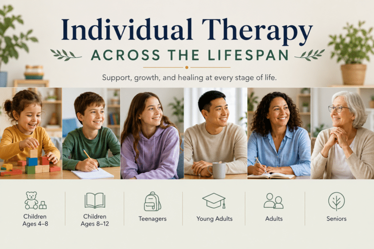 People of all ages representing the lifespan from childhood to seniors, illustrating individual therapy support at every stage of life.