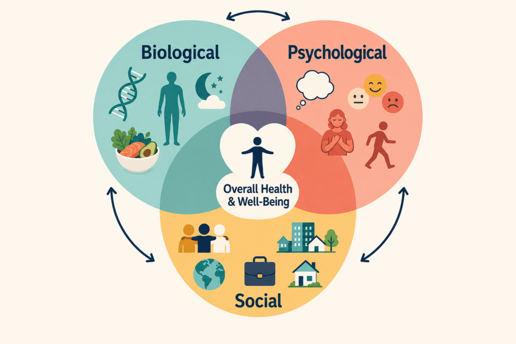 Biopsychosocial model showing how biological, psychological, and social factors interact to influence mental health and wellness.