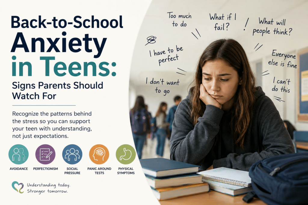 Teen experiencing back-to-school anxiety and stress about school, tests, perfectionism, and social pressure.