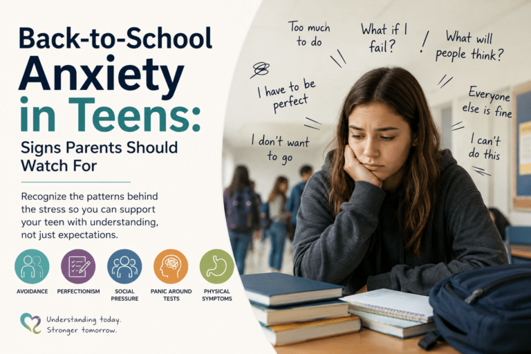 Teen experiencing back-to-school anxiety and stress about school, tests, perfectionism, and social pressure.
