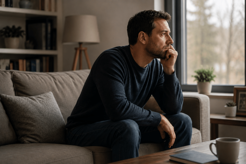 Adult sitting alone looking thoughtfully out a window, representing the often overlooked signs of adult depression such as fatigue, emotional numbness, and loss of interest.