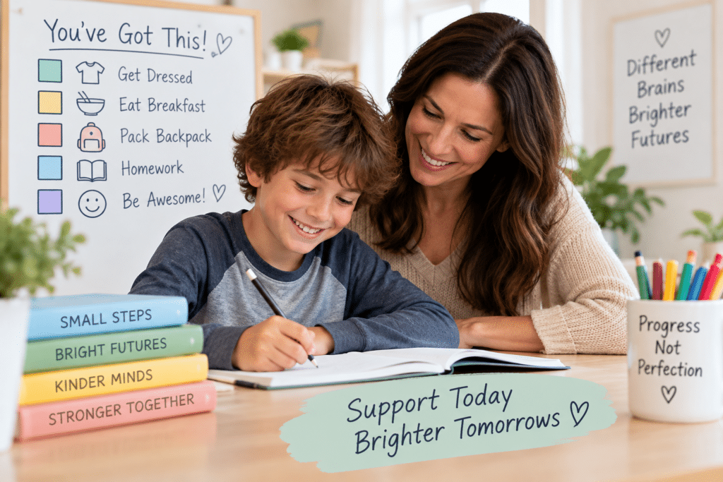 Parent helping a child with ADHD use practical strategies for homework and daily routines