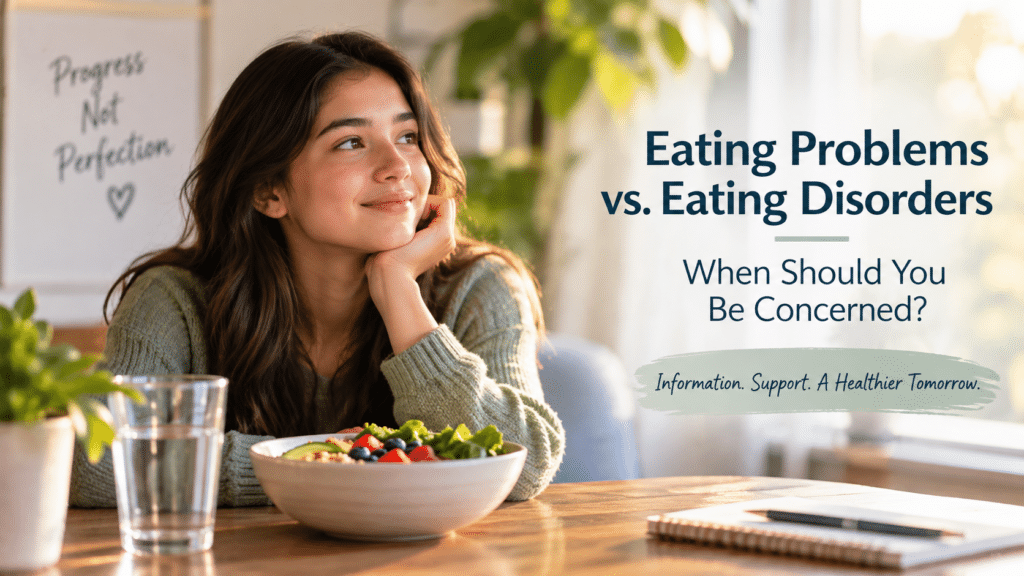 Woman at a table in warm sunlight beside the title “Eating Problems vs. Eating Disorders: When Should You Be Concerned?”