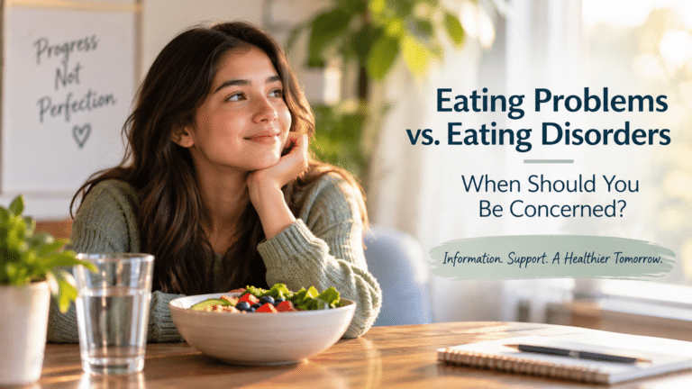 Woman at a table in warm sunlight beside the title “Eating Problems vs. Eating Disorders: When Should You Be Concerned?”